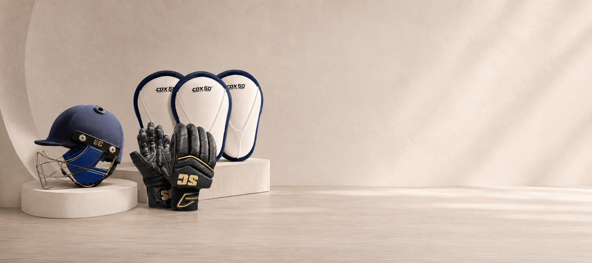 SC cricket helmet, batting gloves and protective guards