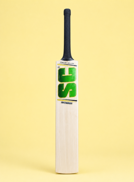 Wonder English willow cricket bat hero view on pastel yellow background