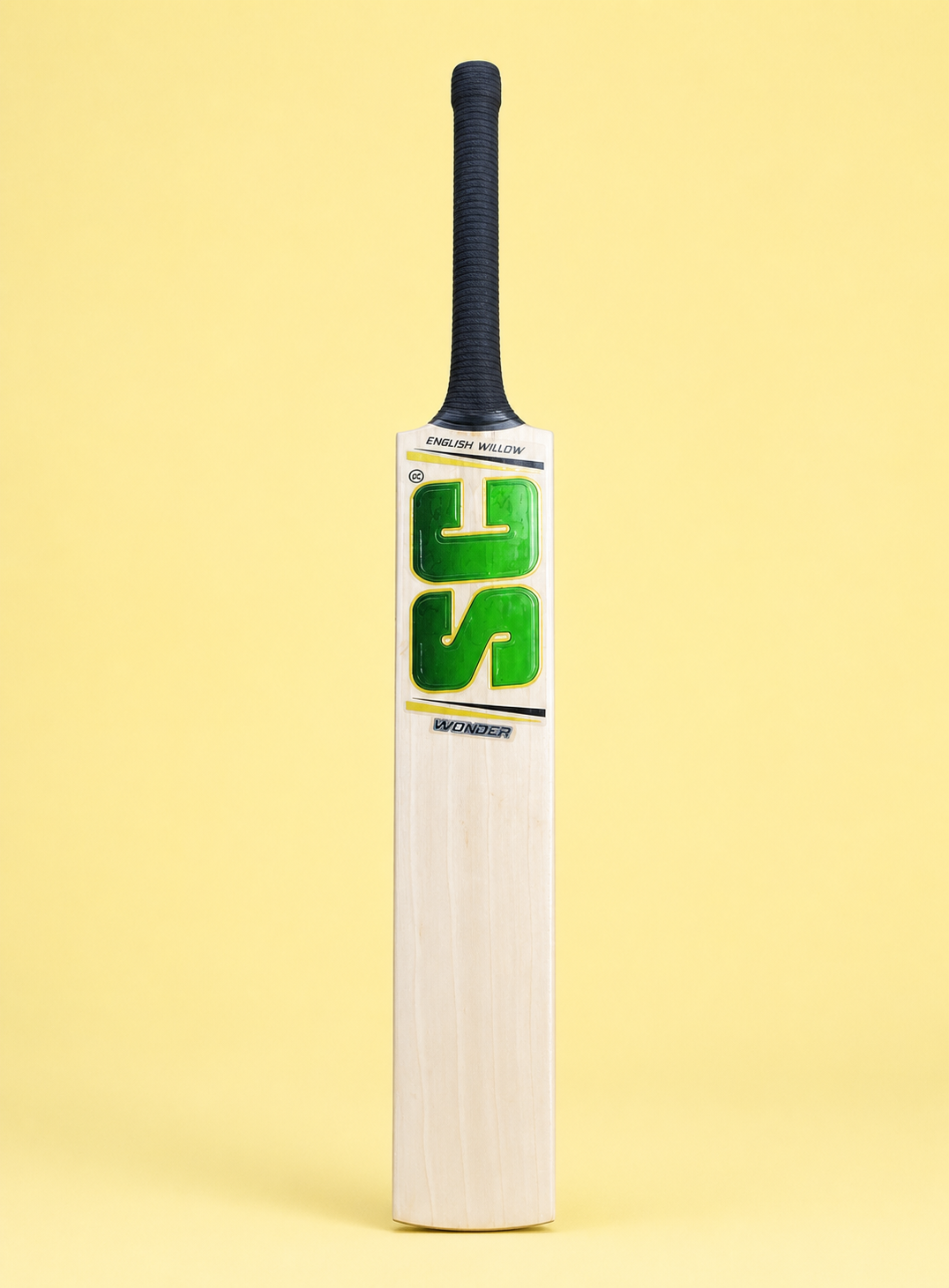 Wonder English willow cricket bat hero view on pastel yellow background