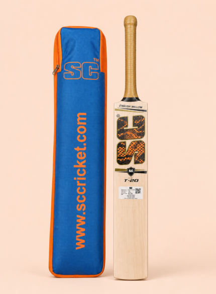 T-20 English willow cricket bat hero view on pastel peach background