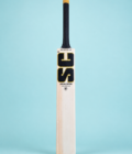 Special Edition English willow cricket bat front view on pastel aqua background