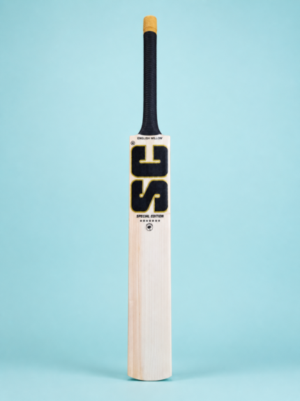 Special Edition English willow cricket bat front view on pastel aqua background