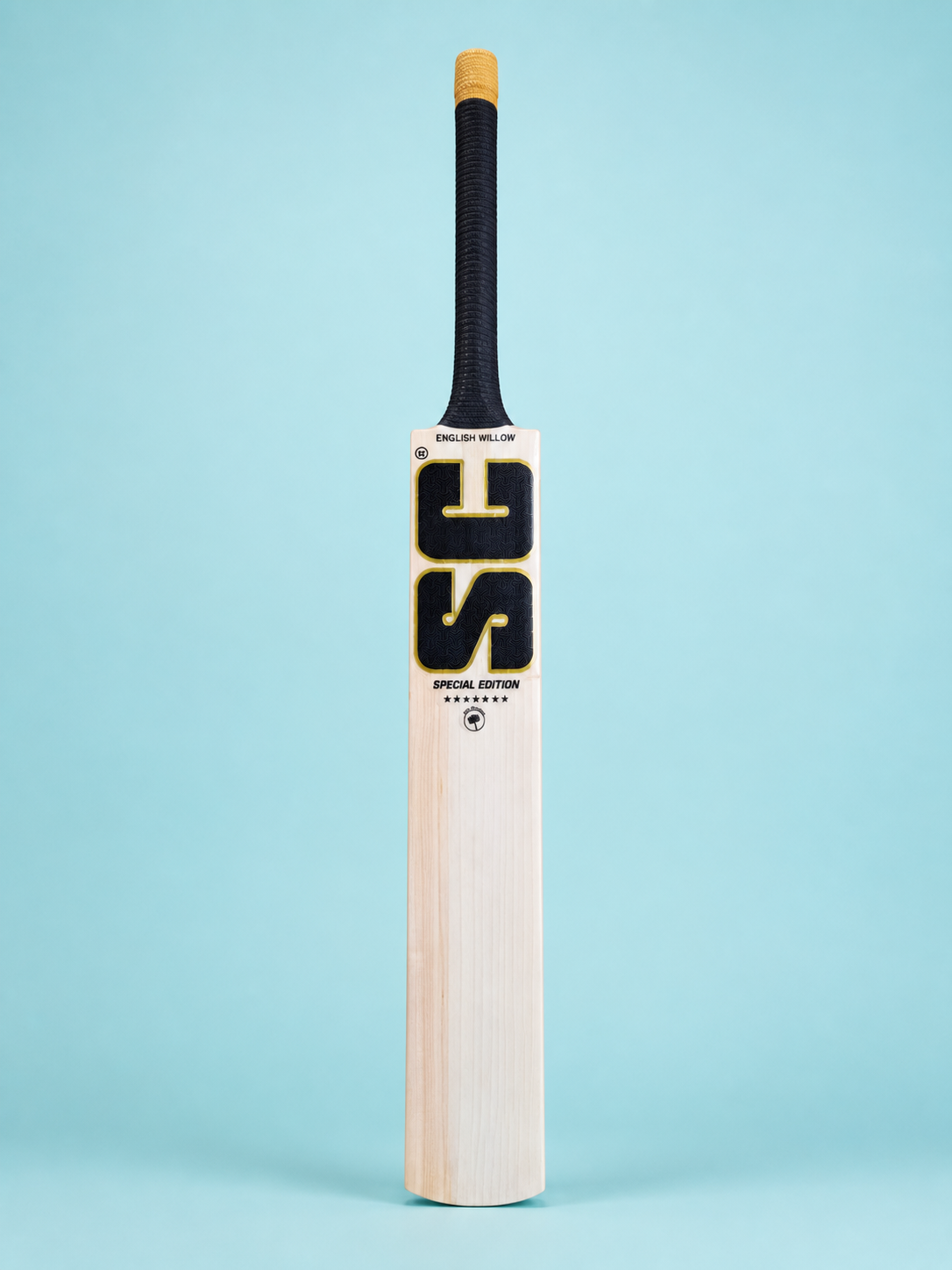 Special Edition English willow cricket bat front view on pastel aqua background
