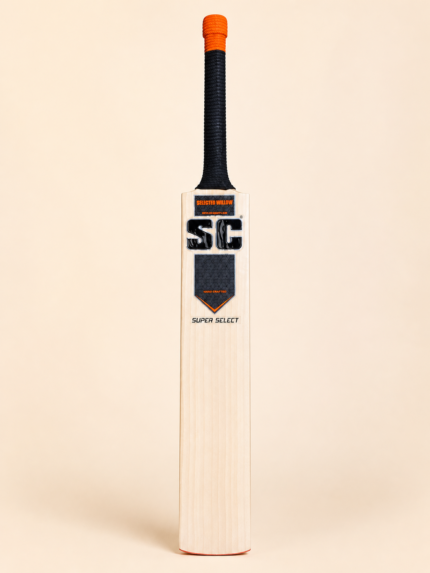 Super Select cricket bat front view on pastel cream background