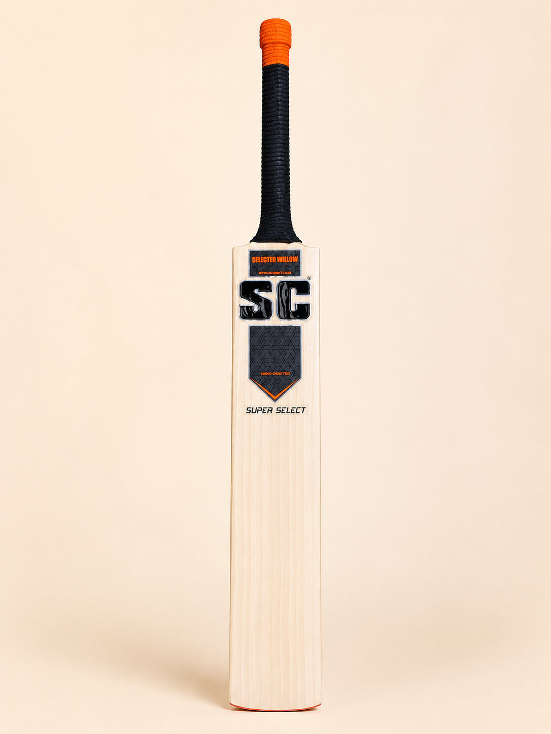 Super Select cricket bat front view on pastel cream background
