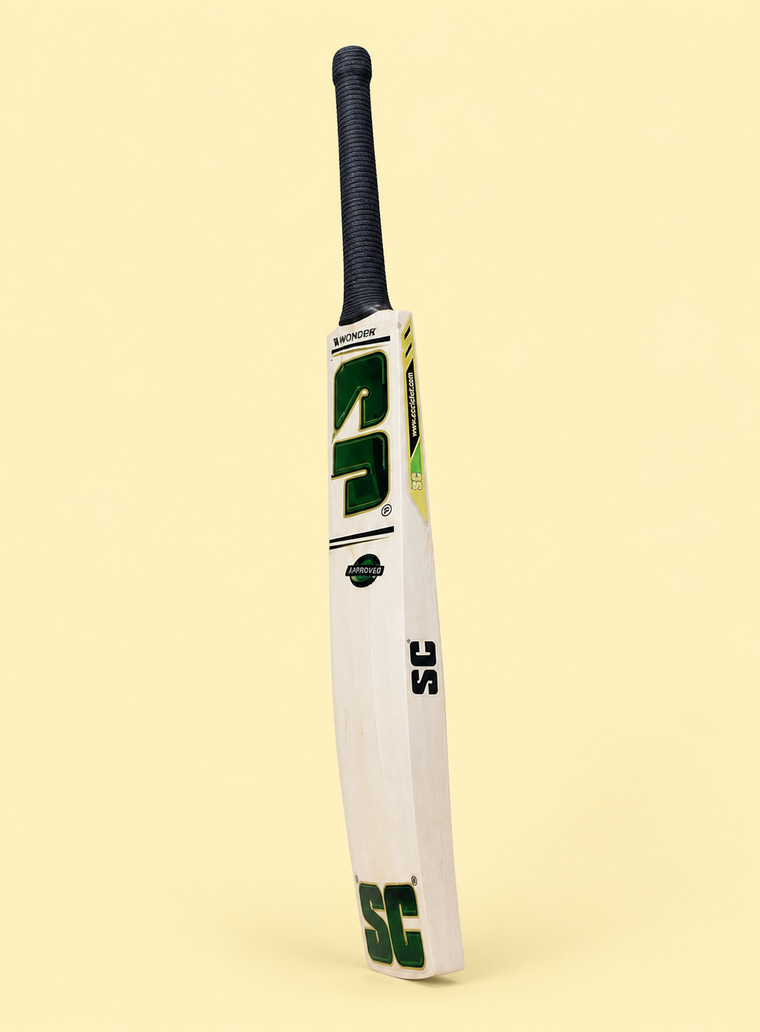 Wonder cricket bat side profile on pastel yellow background