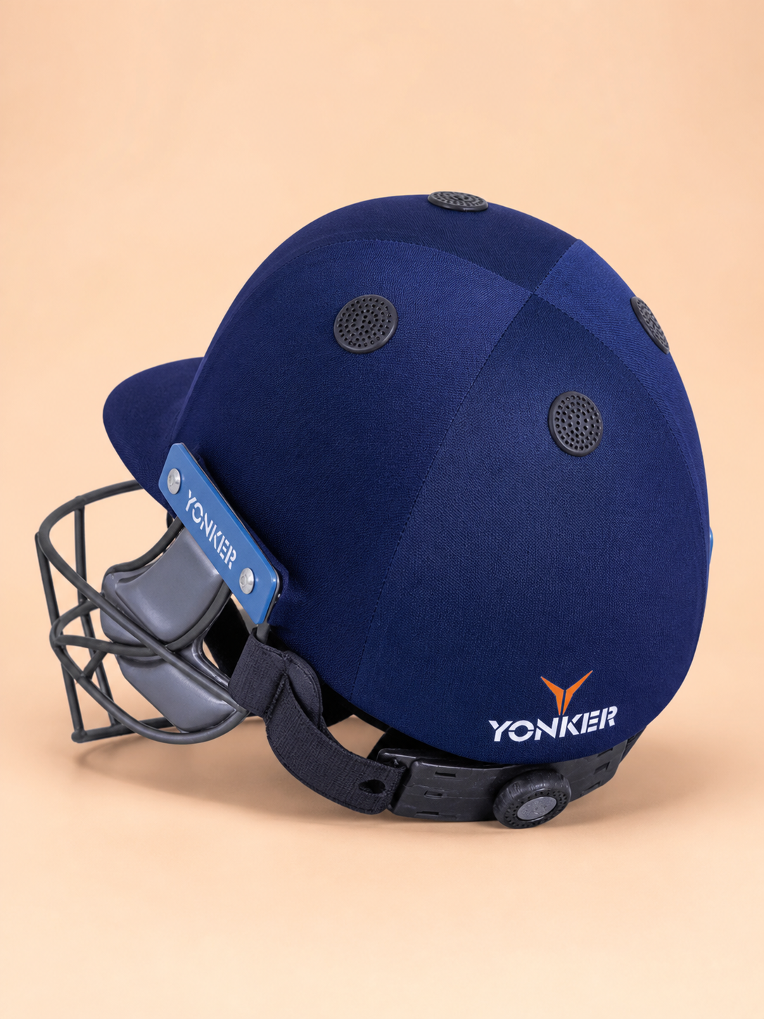 02-rear Navy YONKER cricket helmet rear ventilation and adjustment view